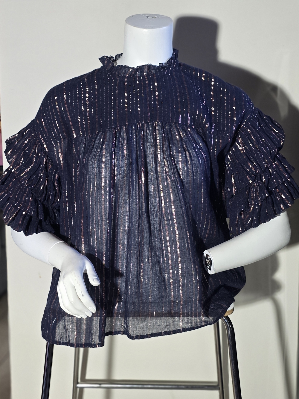 Ulla Johnson Navy Blouse with Metallic Rose Stripes